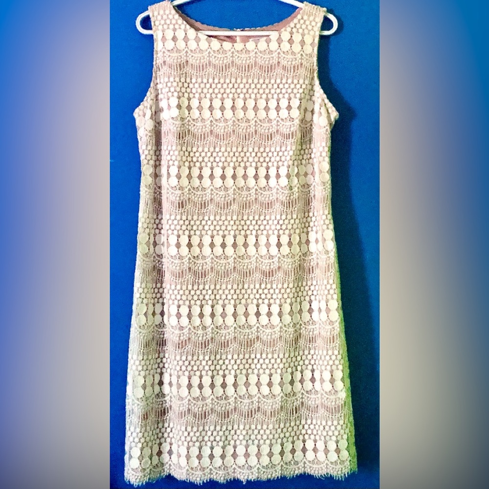 J. Howard Cream Circle Scallop Pattern Lace Beige Layered Sleeveless Dress Sz 14